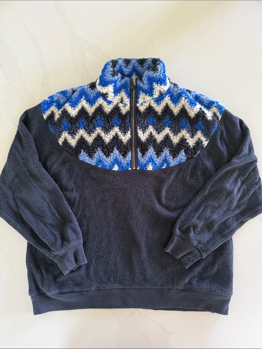 aerie Navy Fleece and Sherpa Zip-Up Sweater with Blue Pattern